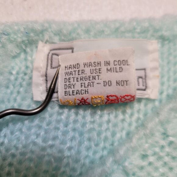 Debra Martin Vintage Women's Mint Blue Knit Sweater Lace Pearl Embellished - Picture 9 of 11